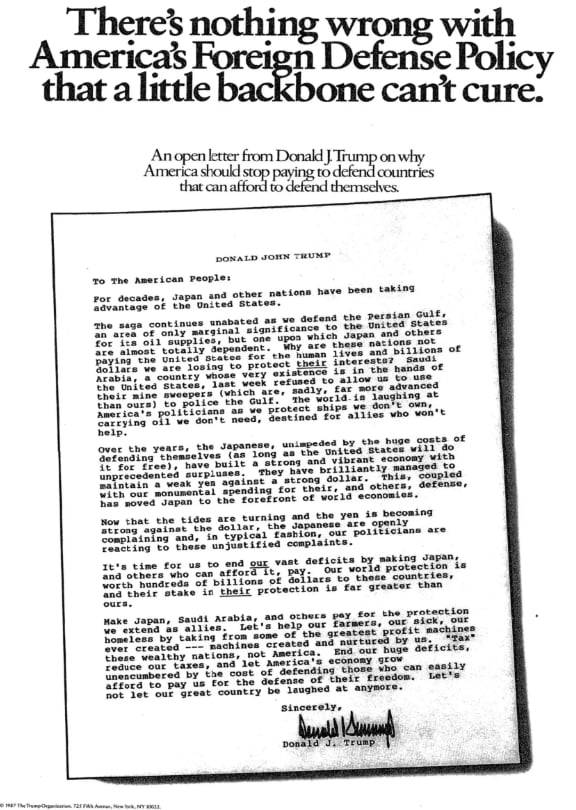 트럼프 대통령이 1987년 3개 신문사에 낸 광고 내용. 당시 광고비로 총 9만4801달러가 집행됐다.