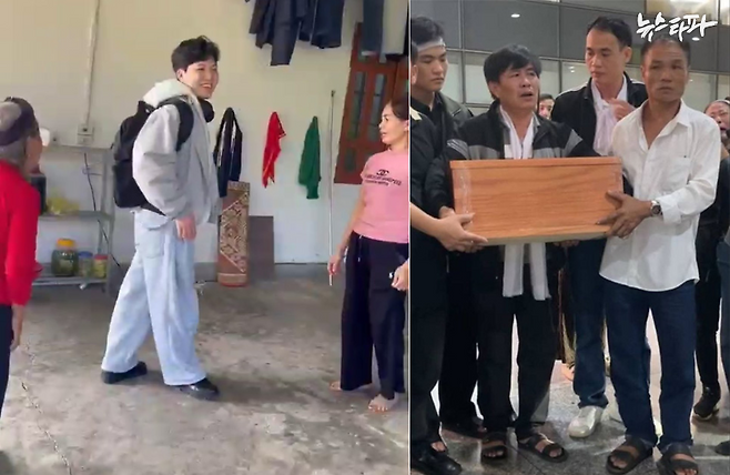 사진(왼쪽)은 지난 2월 말 설 명절을 맞아 뚜안 씨가 베트남 고향집에 들렀을 때 가족들이 촬영한 영상 중 일부. 뚜안 씨는 자신이 한국에서 번 돈으로 고향집 지붕을 고친 것을 보며 매우 기뻐했다고 한다. 고향에 다녀오고 열흘 뒤, 그는 생을 마감했다. 오른쪽 사진은 지난 21일 밤, 뚜안 씨의 아버지가 베트남 하노이 공항에서 아들의 유골함을 받아 든 모습이다.&nbsp;