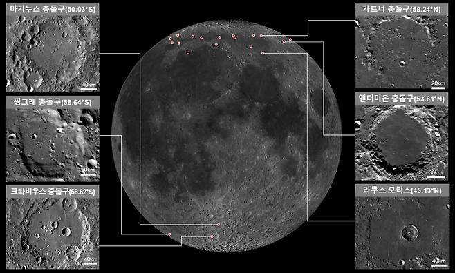 위도 40~70도 범위 내 달 착륙지 후보 지역 예시. 남·북반구 약 30여개 후보 지역을 상세 분석해 올해 말까지 착륙 지역이 선정될 예정이다. 우주항공청 제공
