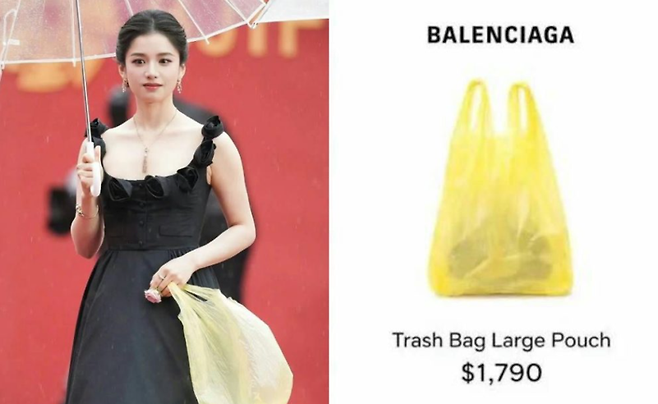 지난해 열린 '2025 베이징 국제 영화제' 레드카펫에 중국 배우 장징이 노란색 비닐봉지를 들고 등장해 화제가 됐다.사진은 SNS에 확산된 이미지./사진=kbizoom