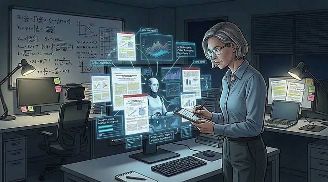 생성형 인공지능 ‘퍼플렉시티’에 자료 조사·정리·분류를 인공지능(AI)을 통해 ‘보좌’받는 교수 이미지를 생성해달라는 지시어를 입력해 생성한 이미지.