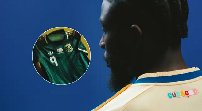 작은 사진은 남아공 축구대표팀의 원정 유니폼, 오른쪽은 퀴라소 원정 유니폼. 사진=스포츠 바이블