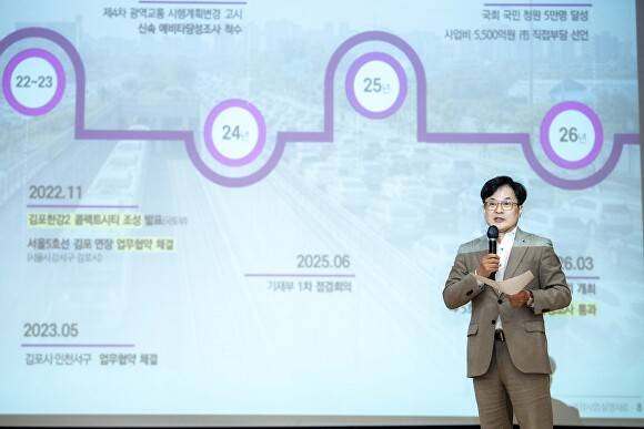 김병수 시장이 24일 김포시청 제3별관 대강당에서 서울 지하철 5호선 김포·검단 연장 사업 예타 통과 시민설명회를 갖고 있다. [사진=김포시]