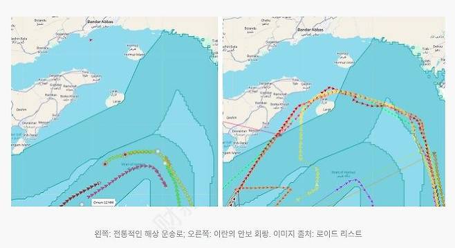 호르무즈 해협의 전통적인 해상 운송로(왼쪽)과 이란이 지정한 이른바 '안전통로'(오른쪽). 사진 차이신 캡처