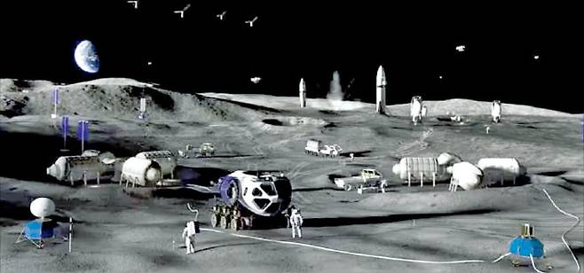 미국 항공우주국(NASA)이 공개한 달 기지 건설 3단계 개념도. 3단계에선 인류가 달에서 장기 거주할 수 있는 인프라를 구축한다.  NASA 제공