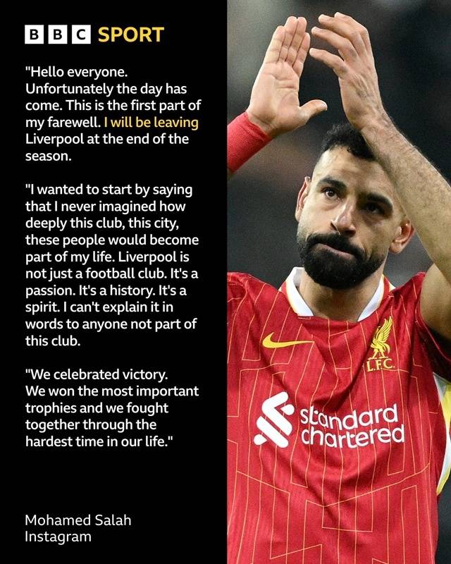 모하메드 살라가 결국 리버풀과의 마지막을 알렸다. 그는 최근 SNS를 통해 자신의 이야기를 전했고 구단 역시 이를 공식화하며 서로의 관계가 끝에 왔음을 확인했다. 사진=BBC 스포츠 SNS