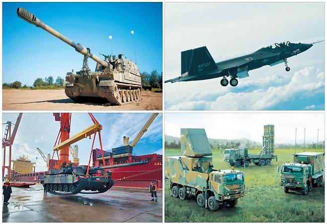 성역으로 여겨졌던 안보무대 ‘방산’에 사모펀드(PEF)라는 자본의 논리가 들어오면서 패러다임이 급변하고 있다. 한화에어로스페이스의 ‘K9 자주포’(왼쪽 위부터 시계 방향), 한국항공우주산업(KAI)의 ‘KF-21’, LIG넥스원의 ‘ ‘천궁-Ⅱ’, 현대로템의 ‘K2 전차’.  [각사 제공]