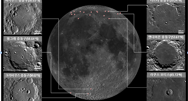 위도 40°~70° 범위 내 달 착륙지 후보 지역 예시.[우주항공청 제공]