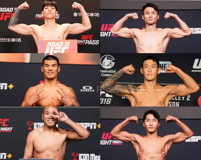 최근 한 달 사이 UFC 경기가 무산된 한국 파이터들.  사진 맨 위 왼쪽부터 시계 방향으로 최동훈, 최두호, 유주상, 이정영, 박준용, 고석현. UFC 제공