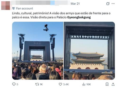 BTS 광화문 컴백 무대와 함께 경복궁 모습을 조명한 포르투갈어 게시글 [엑스 이용자 'jjkclean' 게시물 캡처. 재판매 및 DB 금지]