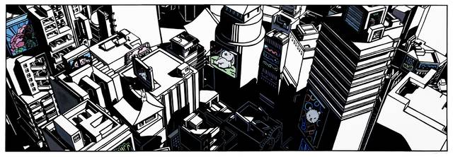 이언정 작, 'CITY QQ', 2합 장지 위에 목판화, 지판화, 모노타입판화, 60x180cm ,3editions,2019. 인당뮤지엄