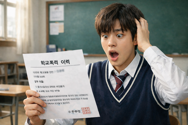 본인의 학교폭력 이력을 확인한 수험생이 놀라는 모습. <이미지=생성형 AI>