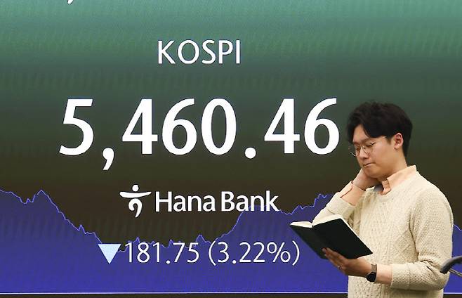 코스피는 전 거래일(5642.21)보다 181.75포인트(3.22%) 하락한 5460.46에 마감한 26일 오후 서울 중구 하나은행 본점 모니터에 지수가 나오고 있다.(사진=뉴시스)