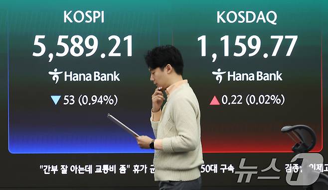 26일 서울 중구 하나은행 딜링룸 전광판에 코스피 시황이 표시되고 있다. 이날 코스피는 전 거래일 대비 0.85% 하락한 5594.06으로 출발했다. 2026.3.26 ⓒ 뉴스1 오대일 기자