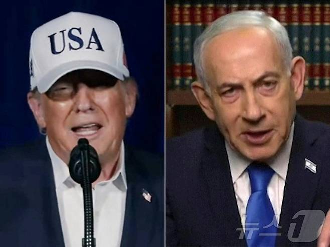 2월 28일 이란에 대한 공습을 발표하는 도널드 트럼프 미국 대통령과 같은 날 TV 연설에 나선 베냐민 네타냐후 이스라엘 총리. 2026.2.28 ⓒ AFP=뉴스1
