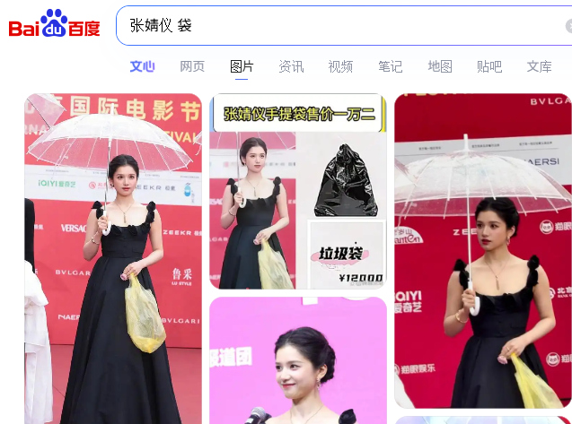 중국 웹사이트 바이두에서 검색한 장징이의 비닐봉투 레드카펫 사진. 사진=바이두 검색 결과 갈무리