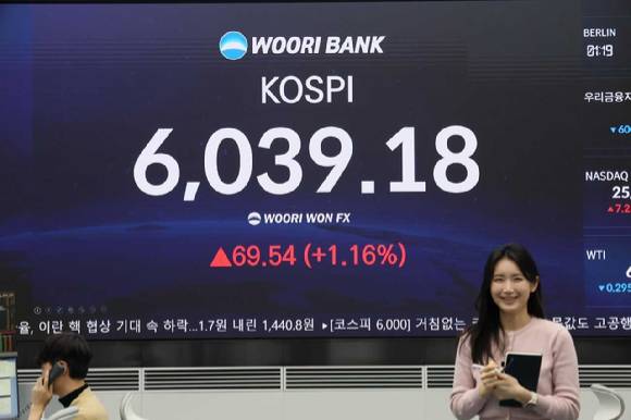 지난달 코스피가 장중 6000포인트를 돌파한 시점의 우리은행 딜링룸. [사진=우리은행]