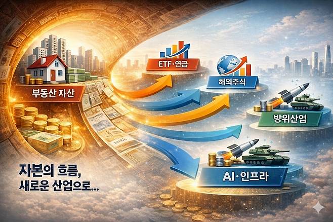 부동산 중심 자산 구조에서 금융·산업 투자로 이동하는 자본 흐름을 표현한 이미지. [사진=챗GPT-제미나이]
