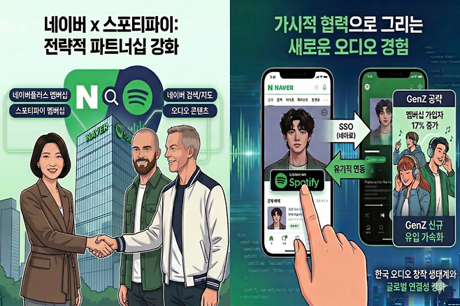 네이버가 자체 음원 플랫폼 ‘바이브’ 철수 수순을 밟고 있는 가운데 스포티파이와의 협력을 강화하고 있다. 그림은 AI가 관련 내용을 도식화한 이미지.