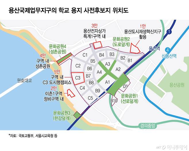 용산국제업무지구의 학교 용지 사전후보지 위치도/그래픽=윤선정
