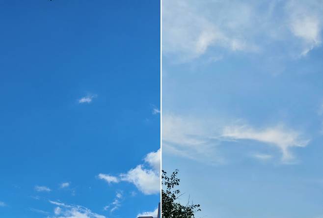 동일한 휴대폰 기종으로 촬영된 일본 도쿄(왼쪽)와 한국 서울(오른쪽)의 하늘. 이날 서울의 미세먼지 농도는 ‘좋음’ 수준을 기록했다.[독자 제공]