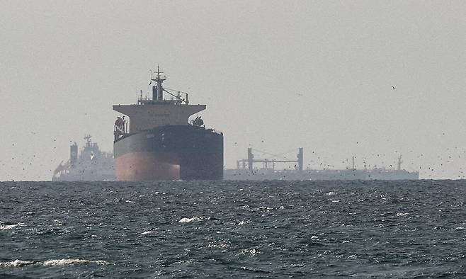 갈 길 잃은 화물선 이란 전쟁으로 호르무즈해협에 대한 봉쇄가 한 달째 이어지는 가운데 지난 11일(현지시간) 해협 해상에 화물선이 떠 있다. 로이터연합뉴스