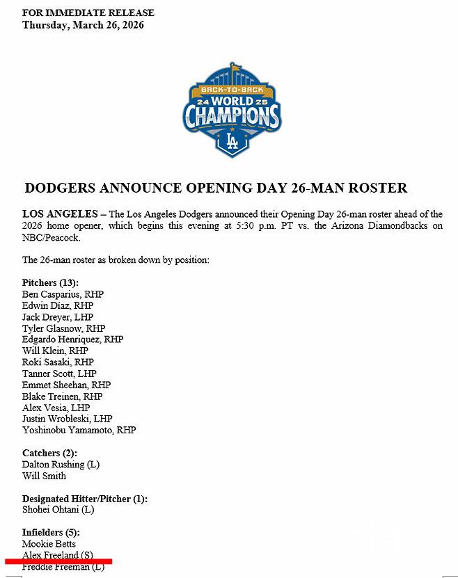 (다저스 구단이 MHN에 보내온 2026 개막전 26인 로스터 명단. 하단에 알렉스 프리랜드의 이름이 보인다)