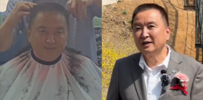 김영환 충북지사가 지난 19일 국민의힘 컷오프에 반발하며 삭발하는 모습(왼쪽)과 삭발 후 청남대 모노레일 개통식에서 발언하는 모습 (사진, 김 지사 SNS 갈무리)