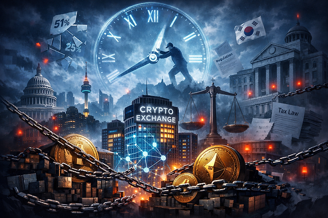 규제 지연과 제한 속에 불확실성이 커진 한국 암호화폐 시장 모습 < 생성 : 챗GPT >