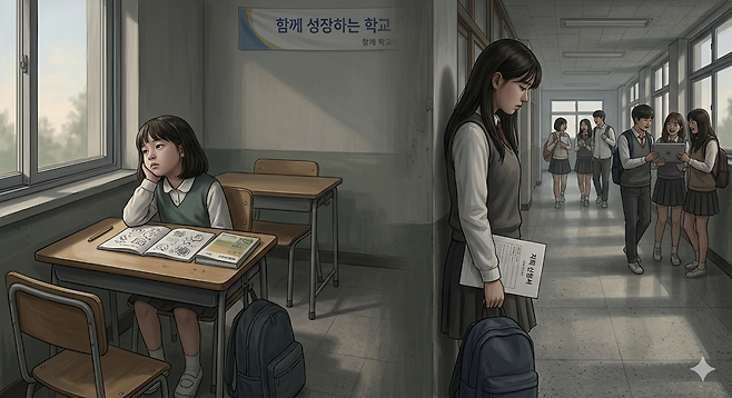 자퇴를 고민하는 고등학생, 학교 수업에 집중하지 못하는 초등학생. [제미나이로 제작]