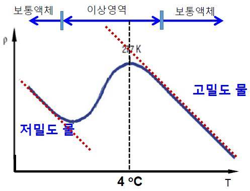 저밀도 물과 고밀도 물 비율에 의해 4도시에서 가장 높아지는 물의 밀도 [김경환 교수 제공. 재판매 및 DB 금지]