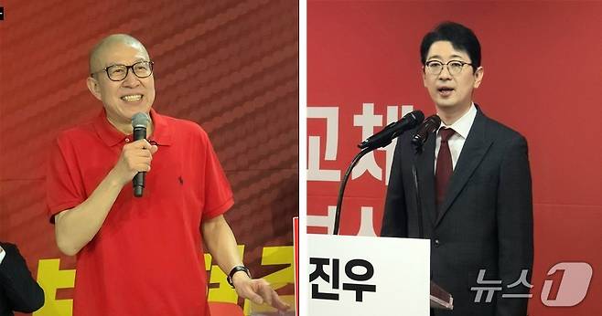 각자의 경선캠프 개소식에서 인사말을 하고 있는 박형준 부산시장(왼쪽)과 주진우 국회의원..2026.3.28 ⓒ 뉴스1 이주현 기자