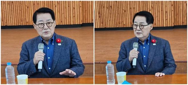 박지원 의원이 전남 완도군 사무실에서 열린 '해남·완도·진도 6·3 지방선거 출마예정자 제11차 간담회'에 참석해 발언하고 있다. 이준경 기자