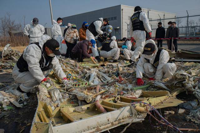 3월 12일 기체 잔해물 재조사 현장에서 국과수 요원과 유족들이 뜯겨나간 여객기 동체 파편을 수색하고 있다. 이날 하루에만 희생자 유해 추정 물체 24점과 유류품 48묶음이 쏟아져 나왔다. 무안=하상윤 기자