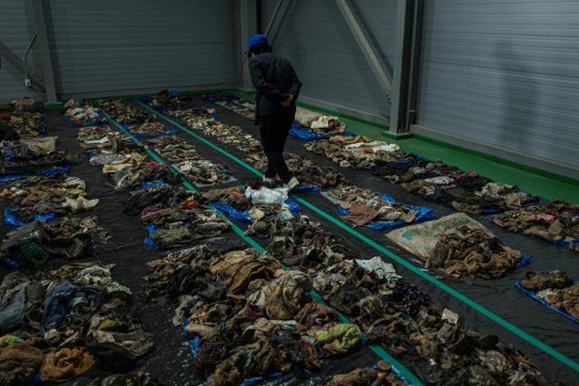 3월 19일 기체 잔해물 재조사 현장. 유족들이 바닥에 끝없이 늘어선 수천 점의 희생자 유류품 사이를 걸으며 가족의 흔적을 찾고 있다. 무안=하상윤 기자