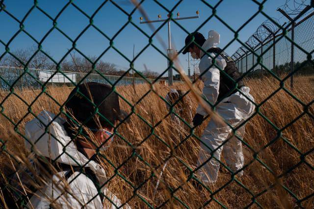 3월 19일 무안국제공항 활주로 담장 밖에서 국과수 요원들이 유해 추정 물체를 수습하고 있다. 이 역시 유족들이 최초 발견했다. 무안=하상윤 기자