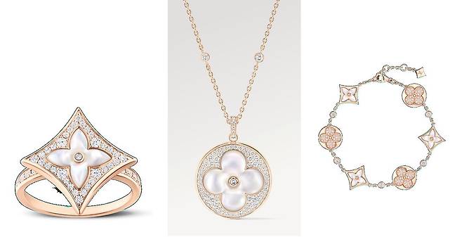 화이트 자개 모노그램 패턴을 파베 세팅한 다이아몬드가 에워싼 컬러 블라썸 컬렉션. 사진 루이 비통