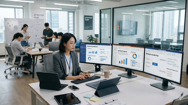 스타트업 직원이 생성형 AI를 활용해 일하는 모습. [제미나이]