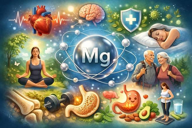 마그네슘의 효능을 키워드로 생성AI가 만든 이미지. 숙면 유도, 활력 증강, 혈관 및 뇌기능 개선에 도움을 준다고 설명하고 있다. [챗GPT]