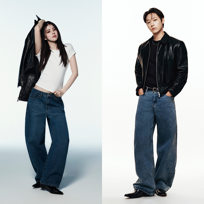 무신사스탠다드 커브드 데님 팬츠를 착용한 배우 한소희와 이도현. [무신사스탠다드]