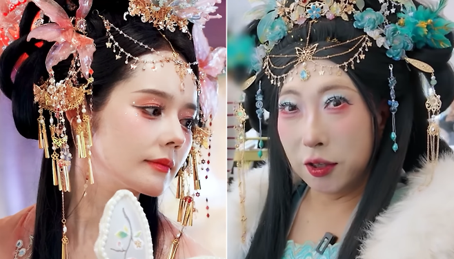 중국에서 ‘왕홍 메이크업’ 체험을 한 배우 한가인(왼쪽)과 코미디언 박명수. 유튜브 채널 ‘자유부인 한가인’·‘할명수’ 캡처