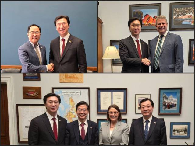 강민국 국회의원이 23일부터 미국을 방문해 미국 상·하원 의원들과 면담을 가졌다. 사진 왼쪽부터 앤디 킴 상원의원, 빌 하이징어 하원의원, 아래는 수잔 델베네 하원의원과 한미의원연맹 방미단 의원들 모습./강민국 의원실/