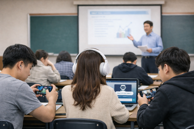 강의 중 집중하지 못하고 딴짓하는 대학생들의 모습을 생성형 AI를 통해 제작했다. 그래픽=소민교·챗GPT5.3