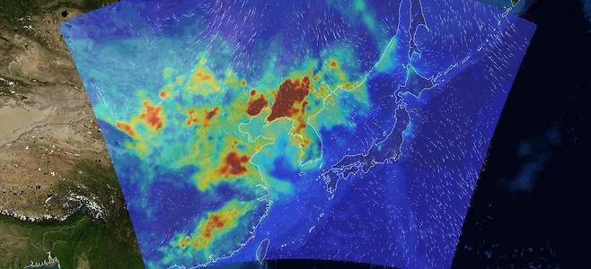 지난 17일 천리안2B 위성에 잡힌 중국 동북부의 고농도 초미세먼지. 자료 : 국립환경과학원.