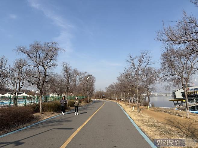 시민들이 여의도 한강공원에서 러닝을 즐기고 있다. / 사진=이수 기자