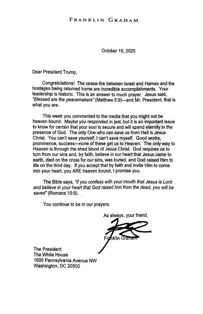 도널드 트럼프 미국 대통령이 프랭클린 그레이엄 목사로부터 받은 편지.(트럼프 트루스소셜 캡처)