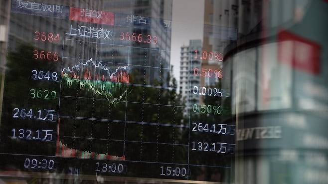 중국 베이징에서 거래소와 경제 데이터를 보여주는 화면. /조선DB