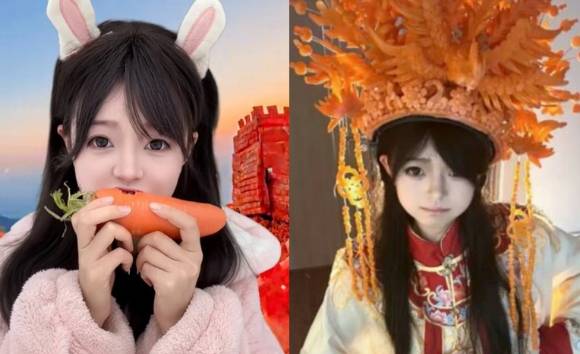 치아를 사용해 당근 조각을 하면서 온라인에서 인기를 끌게 된 첸친 씨(왼쪽)와 그가 자신이 조각한 독특한 머리장식을 하고 있다. [사진=SCMP 캡처]