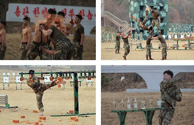 A special operations drill takes place at a training base in North Korea in these footage stills released by the Korean Central Television on March 29. [NEWS1]