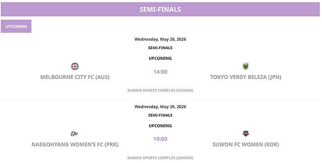 수원 개최가 확정된 AWCL 준결승전 [화면출처 AFC 홈페이지]